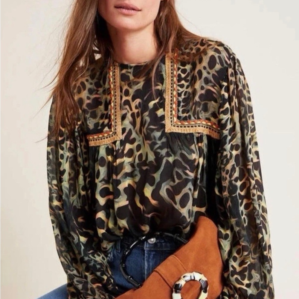 Anthropologie Olive and Black Leopard-Print Puff-Sleeve Blouse